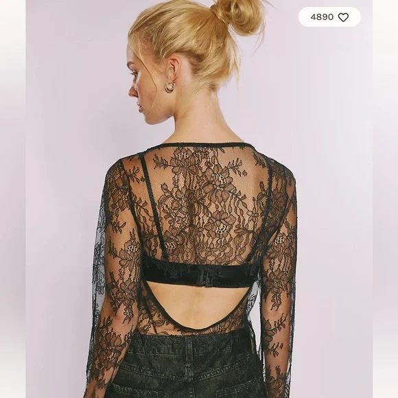 Free People Black Floral Lace Sheer Blouse - Picture 3 of 8